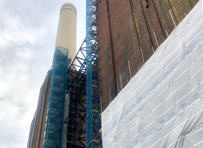 Bottom-up view of Battersea Power station chimney under construction